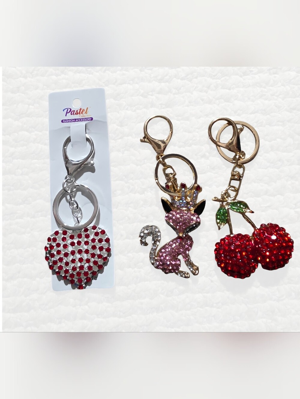 Pick your bag charm red heart, pink crowned fox, and red cherry
